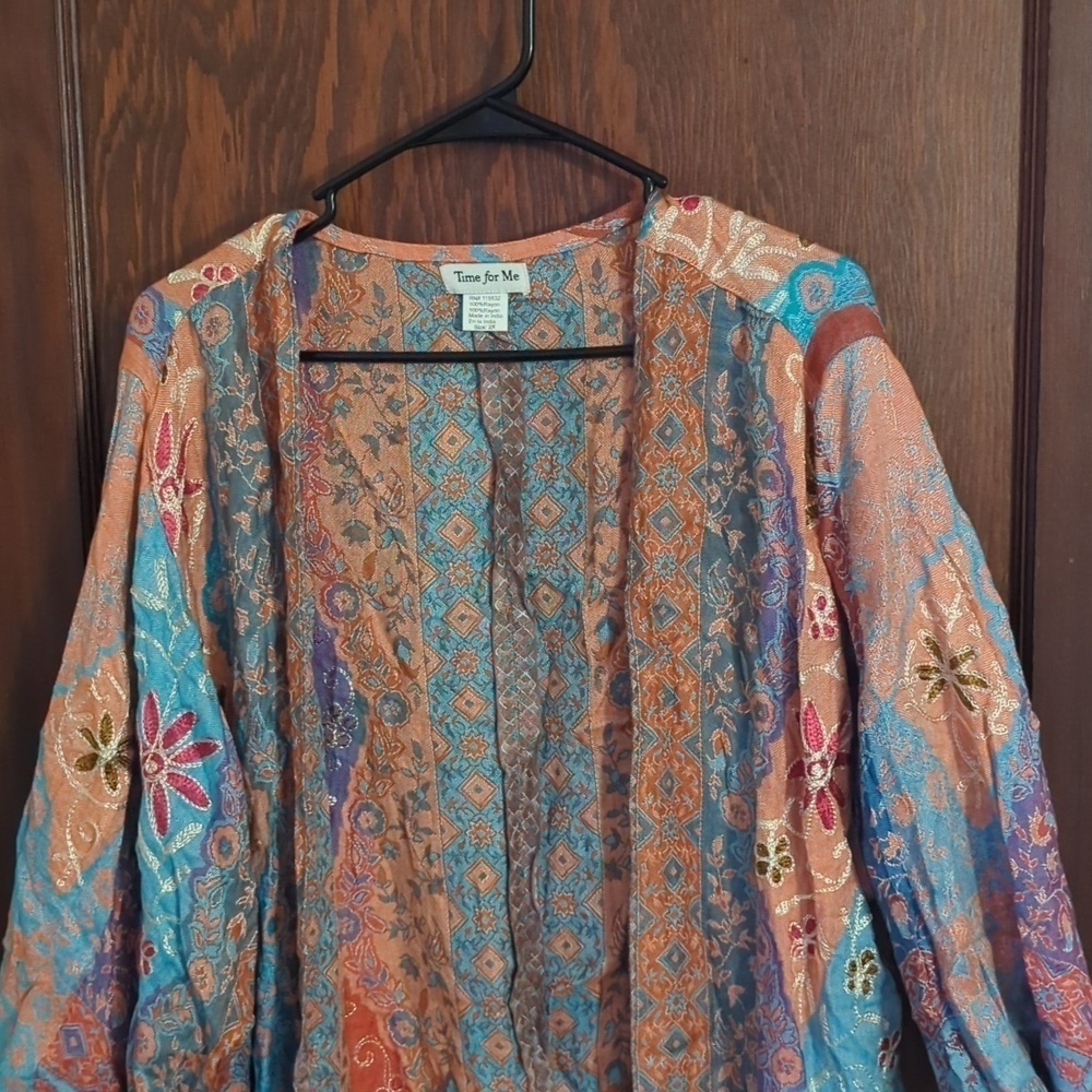 Time For Me Embroidered Bohemian Flowy Open Fringe Cardigan Size 2X - Picture 2 of 9